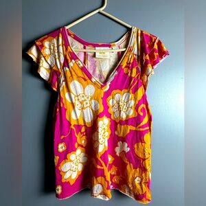 Maeve Anthropologie Pink Yellow Floral Ruffle Short Sleeve Top Size S 17" PTP
